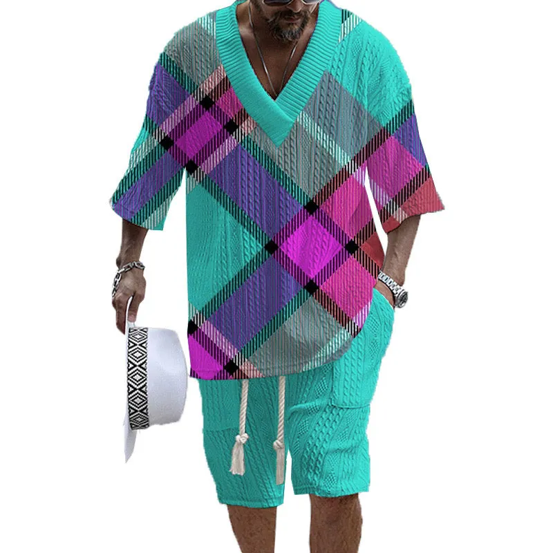 Men's Printed Short Sleeve Shorts Textured Set 02900264YY