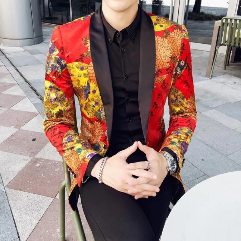 Men's Single Breasted Velvet Blazer With Print