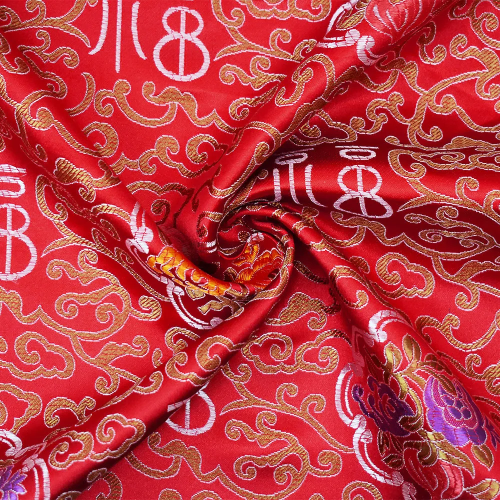 Red-Orange-Multi Polyester Fancy Floral Trellis Chinese Brocade Woven Fabric