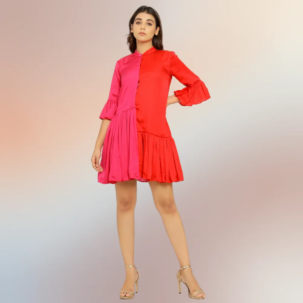 Red-Pink Half & Half Gathered Dress | Modal Silk | Minimal Glamour