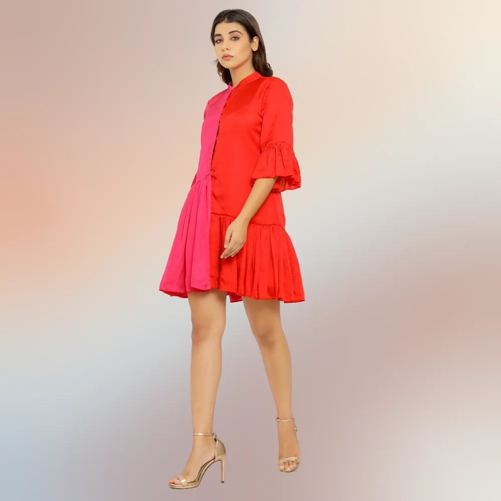 Red-Pink Half & Half Gathered Dress | Modal Silk | Minimal Glamour