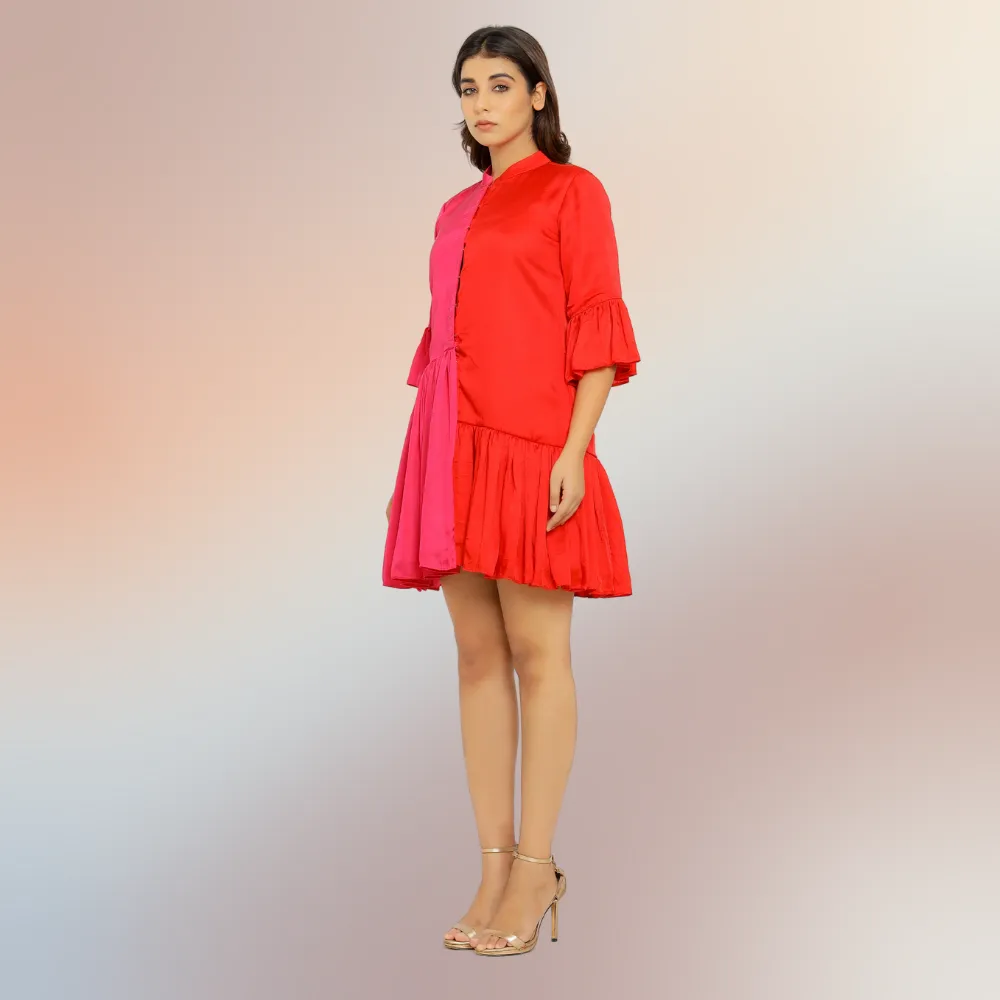 Red-Pink Half & Half Gathered Dress | Modal Silk | Minimal Glamour