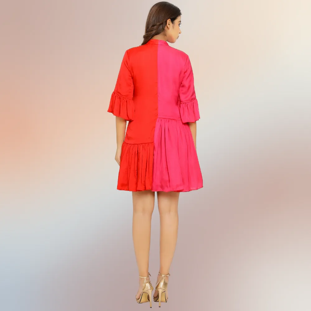 Red-Pink Half & Half Gathered Dress | Modal Silk | Minimal Glamour
