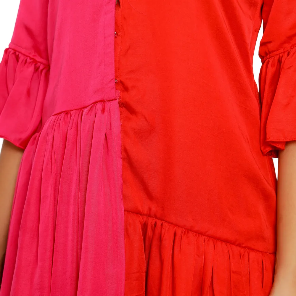 Red-Pink Half & Half Gathered Dress | Modal Silk | Minimal Glamour