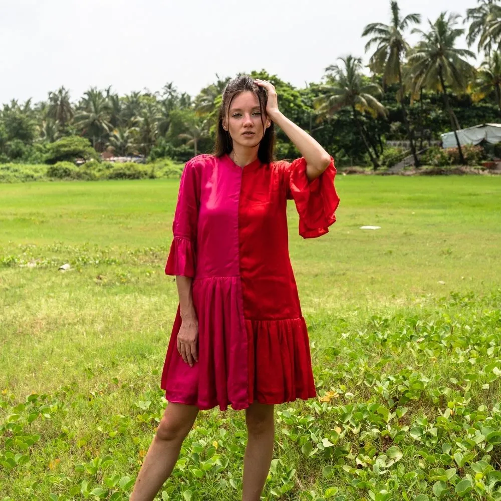 Red-Pink Half & Half Gathered Dress | Modal Silk | Minimal Glamour