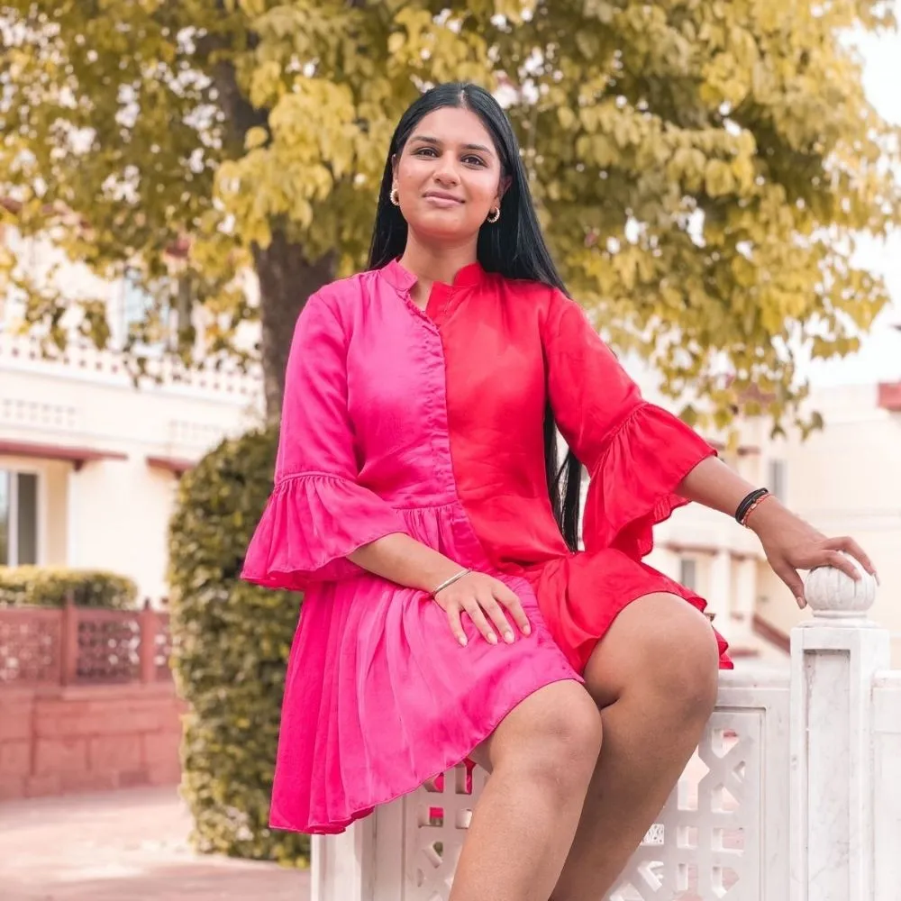 Red-Pink Half & Half Gathered Dress | Modal Silk | Minimal Glamour