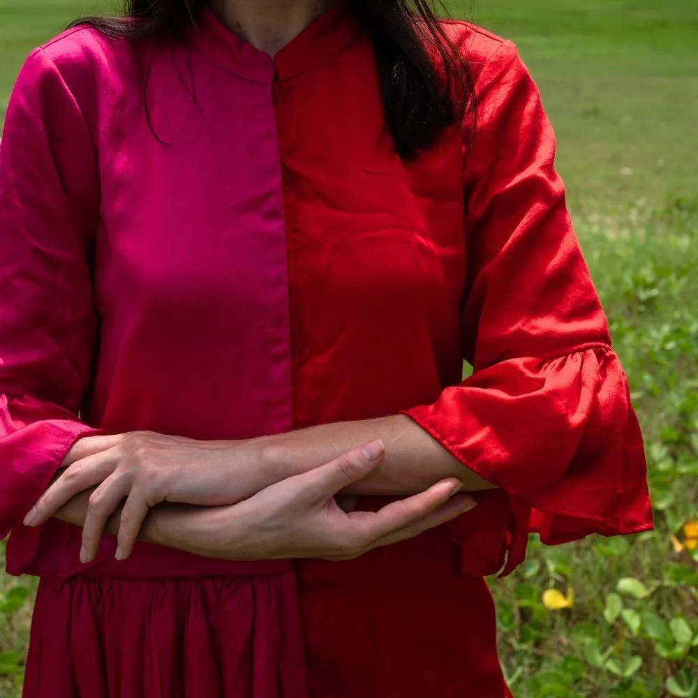 Red-Pink Half & Half Gathered Dress | Modal Silk | Minimal Glamour