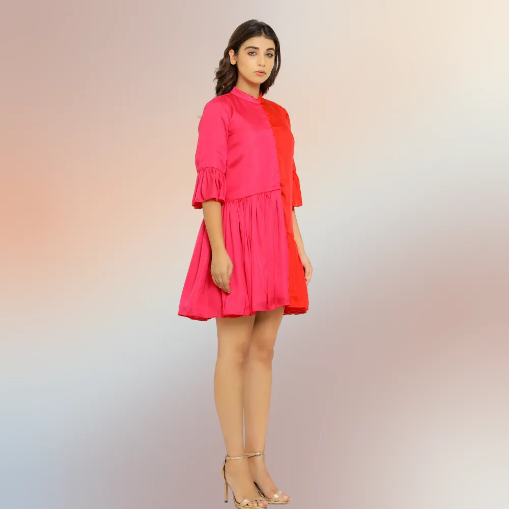Red-Pink Half & Half Gathered Dress | Modal Silk | Minimal Glamour