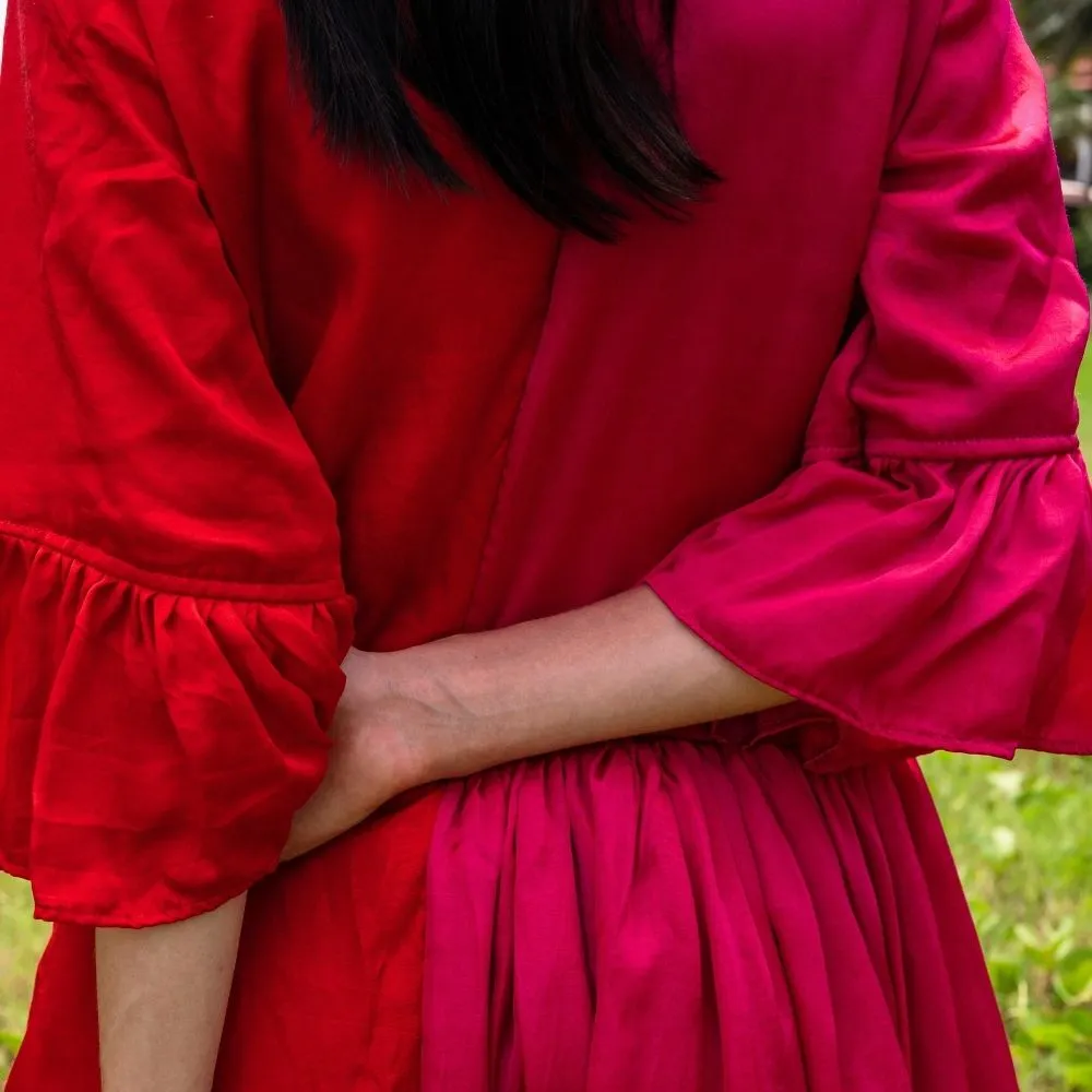 Red-Pink Half & Half Gathered Dress | Modal Silk | Minimal Glamour