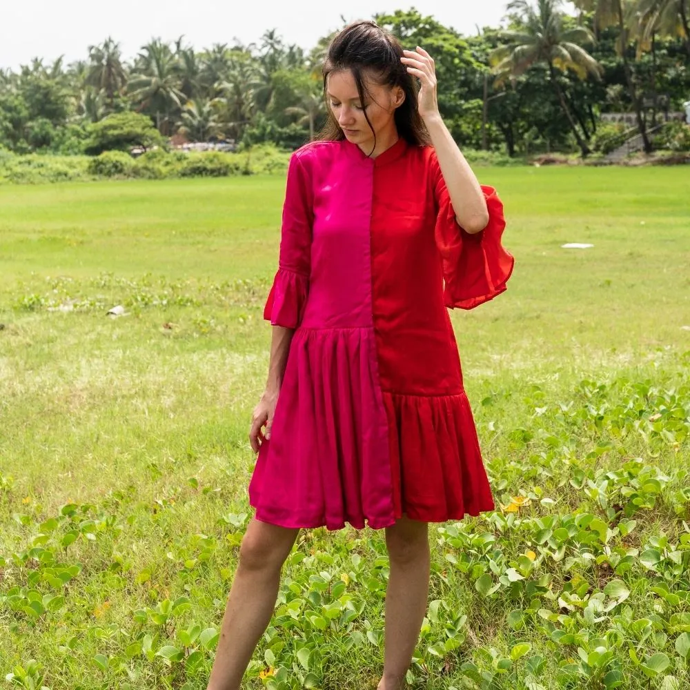 Red-Pink Half & Half Gathered Dress | Modal Silk | Minimal Glamour