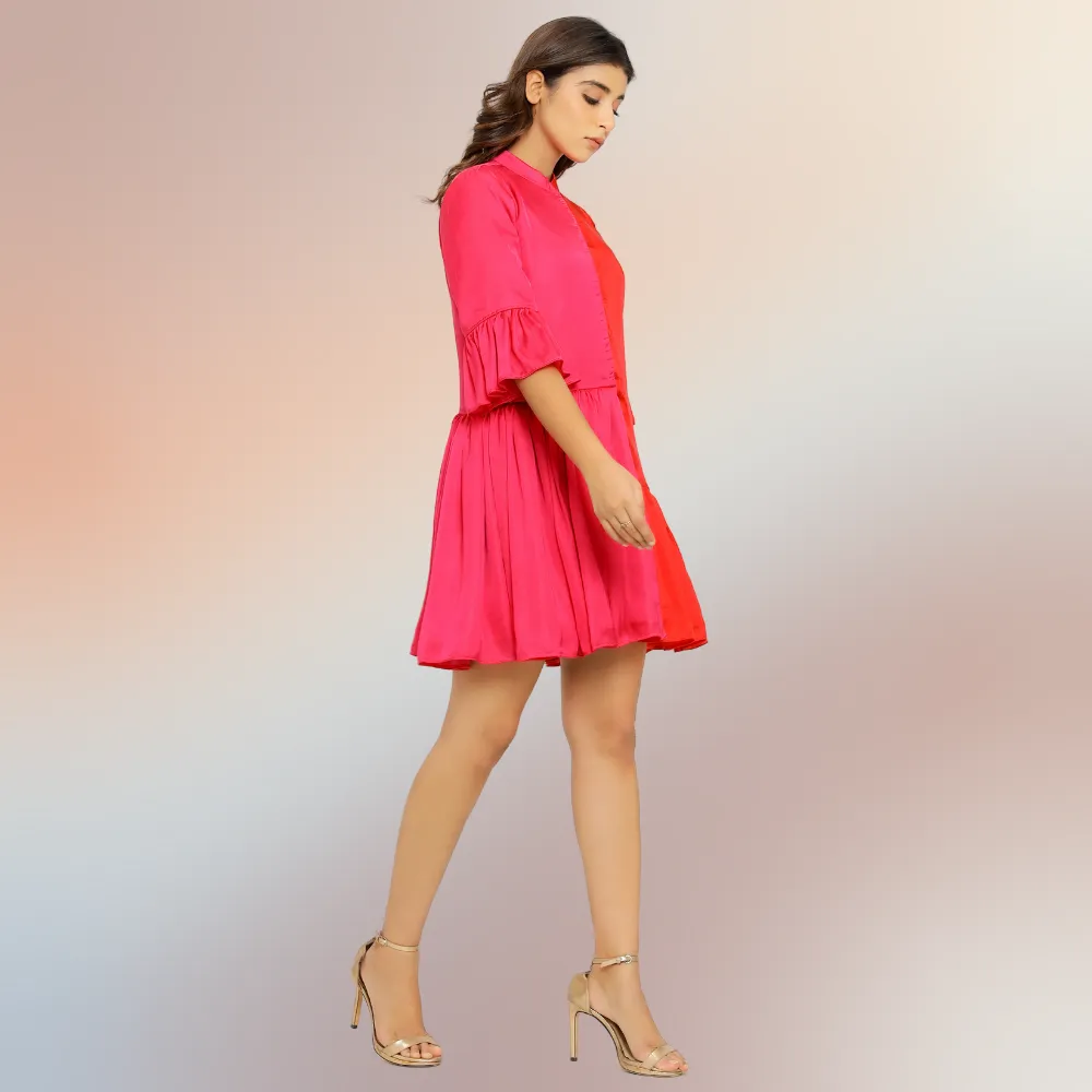Red-Pink Half & Half Gathered Dress | Modal Silk | Minimal Glamour