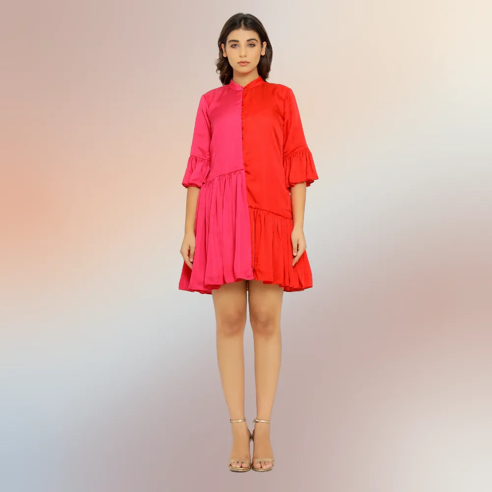 Red-Pink Half & Half Gathered Dress | Modal Silk | Minimal Glamour