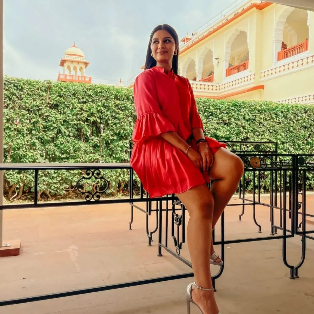 Red-Pink Half & Half Gathered Dress | Modal Silk | Minimal Glamour