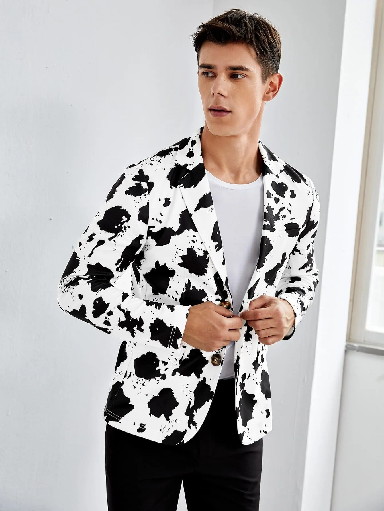 Single Breasted Cow Print Notch Collar Blazer
