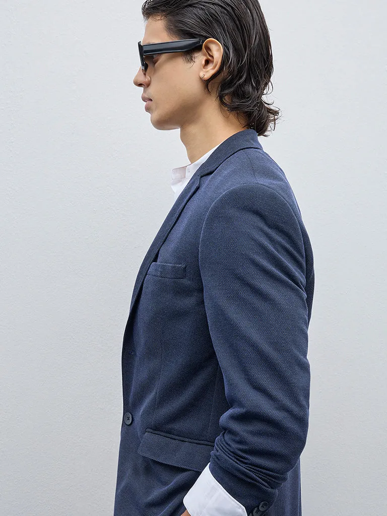 WES Formals Navy Solid Single Breasted Slim-Fit Blazer