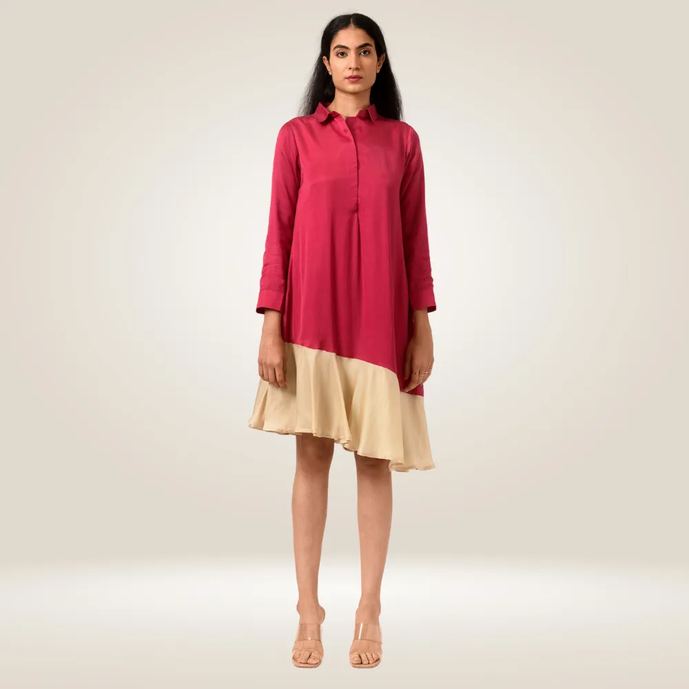 Wine-Ecru Asymmetrical Colour Block Dress | Modal | Minimal Glamour