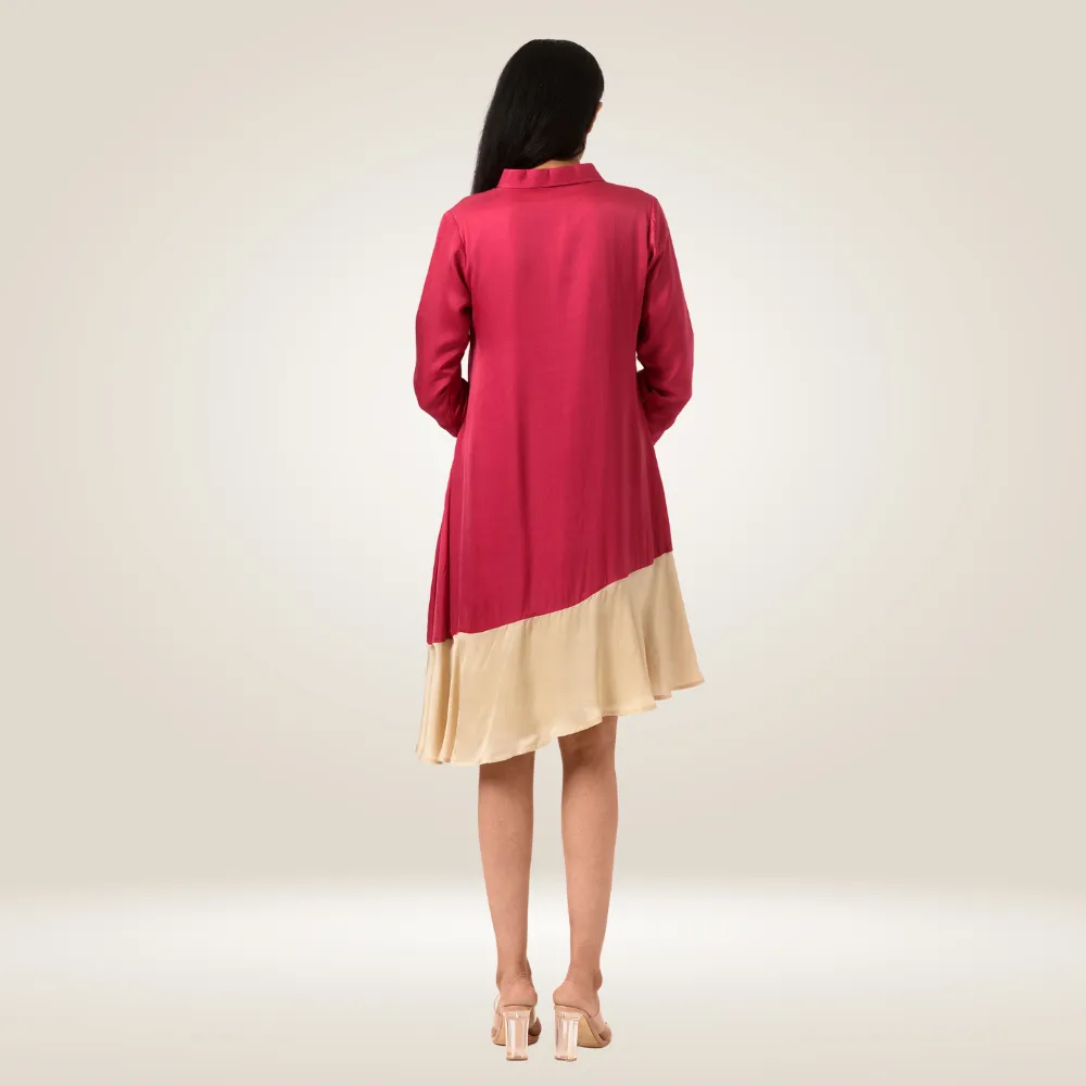 Wine-Ecru Asymmetrical Colour Block Dress | Modal | Minimal Glamour