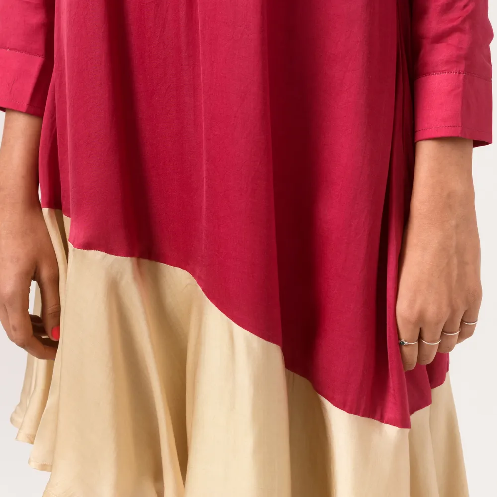 Wine-Ecru Asymmetrical Colour Block Dress | Modal | Minimal Glamour