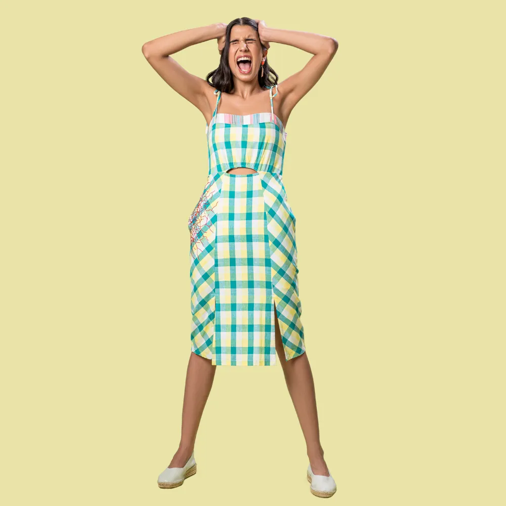 Women Midi Dress | Chic and Cool Design | Check Surface | Teal, Yellow And Cream