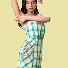 Women Midi Dress | Chic and Cool Design | Check Surface | Teal, Yellow And Cream